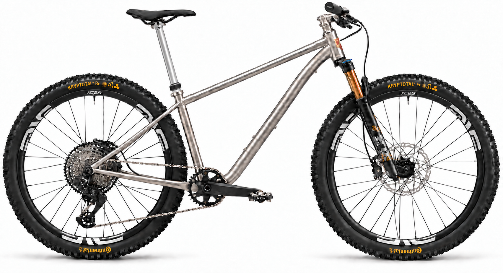 Side view of the titanium hardtail with a brushed-silver dropper post matching the frame.
