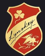Red-and-gold Lynskey shield head badge with a shamrock, diagonal Lynskey script, and a dragon.